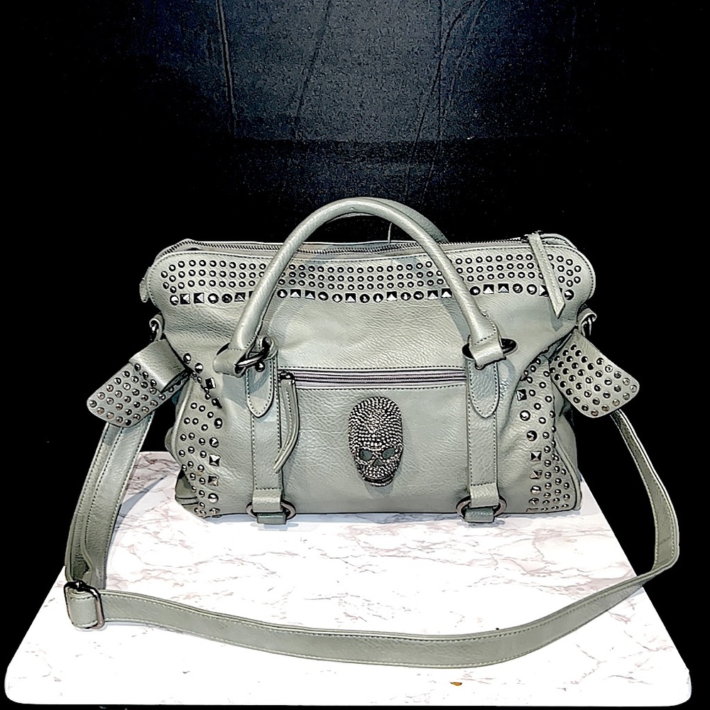 Gray Studded Skull Handbag with Silver Hardware!